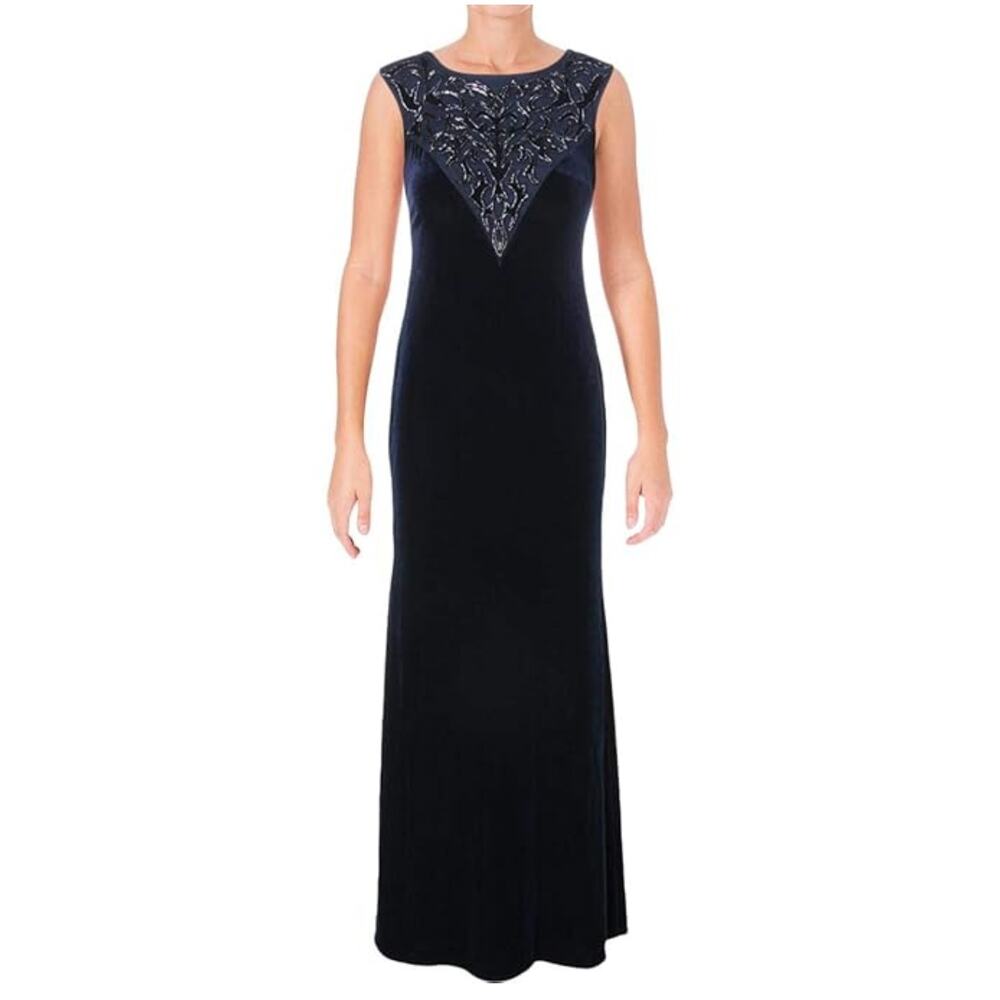 Aidan Mattox Full Length Navy Long Cap Sleeve Beaded Sheath Dress 10